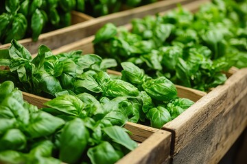 Fresh basil in wooden crates