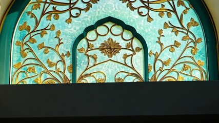 Ornate, arched window with teal glass and gold filigree - Powered by Adobe