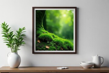 Moss art framed, mounted on textured wall, earthy tones , textured wall, rustic decor
