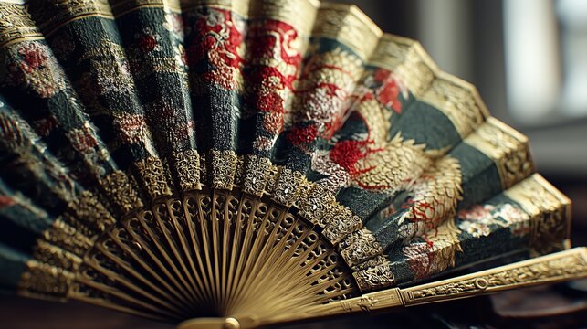 An antique fan with an embroidered pattern on the fabric, elegantly unfolded and displaying exquisite craftsmanship. Close-up.