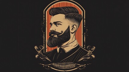 Vintage style illustration of a bearded man with mustache and barbering tools photo