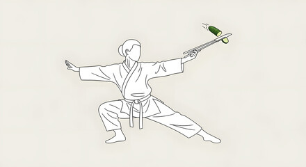 Fototapeta premium A minimalist line drawing of a martial artist in a fighting stance, skillfully holding a cucumber with long chopsticks.