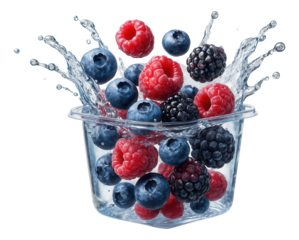 A medley of frozen wild berries entering a plastic container of water.