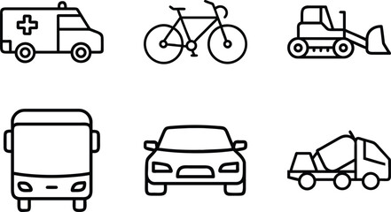 Collection of Minimal Line Icons Representing Various Vehicles Including Cars, Trucks, Buses, Motorcycles, Bicycles, Construction Equipment, and Emergency Vehicles