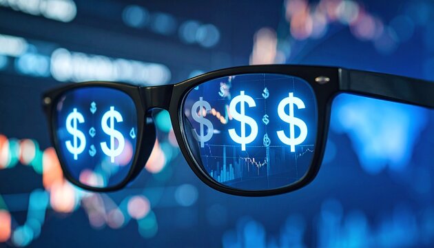 Clear financial foresight captured in glasses, reflecting dollar signs and stock market data, embodying successful investment strategies and economic growth potential.