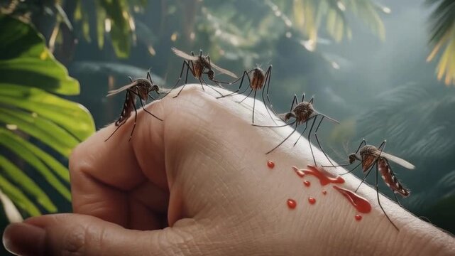 Mosquitoes Feeding on Blood on Human Hand in Tropical Jungle Setting