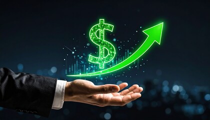 Hand offering glowing green dollar sign with upward arrow on dark background symbolizing financial growth and success