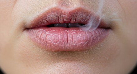 Obraz premium Close up of lips with smoke or vapor emanating from the mouth.