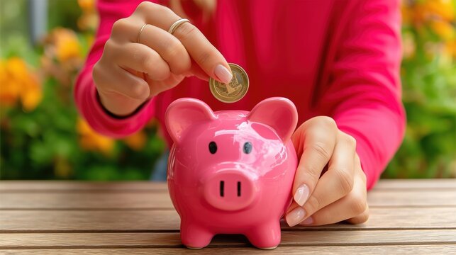 Women's hands drop a coin into a pink piggy bank standing on a wooden table.