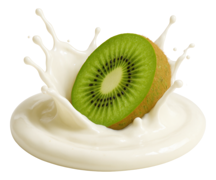 Kiwi piece dropping into yogurt, casting off tiny droplets in all directions.