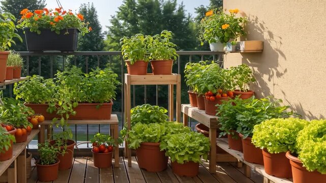 Thriving balcony garden with herbs tomatoes and flowers in pots on shelves bathed in sunlight