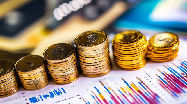 Gold coins stacked in rising columns on financial documents