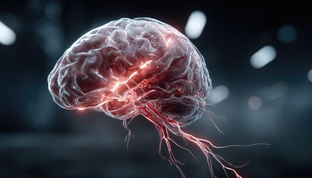 3D rendered human brain, glowing neural pathways