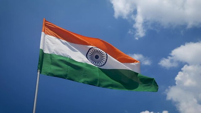 Indian Tri-Color national flag fluttering in the wind close-up shot HD