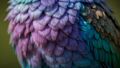 Close up view of iridescent feathers displaying a vibrant gradient of purple pink blue and green showcasing intricate textures and natural beauty