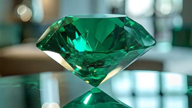Elegant Emerald Gemstone with Reflective Surface Interior Setting Featuring a Faceted Cut Design with Green hues