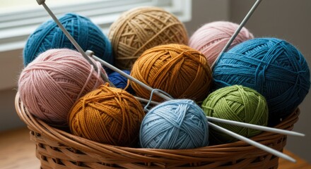 Colorful yarn balls and knitting needles in a basket, a creative and cozy hobby for handmade textile and fiber art projects
