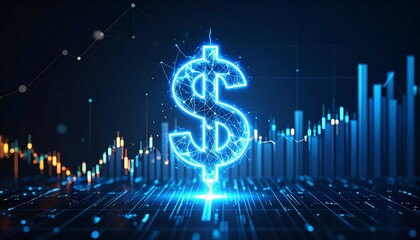 Futuristic Financial Landscape with a Luminous Digital Dollar Sign Amidst Dynamic Data Visualizations and Global Economic Insights.