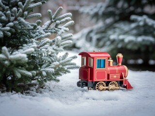 Photo of a classic red toy steam train engine sits on a snowy ground next to a frosted pine tree branch during winter