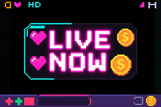Glowing pink pixel art Live Now sign in a retro video game interface with hearts and coins.