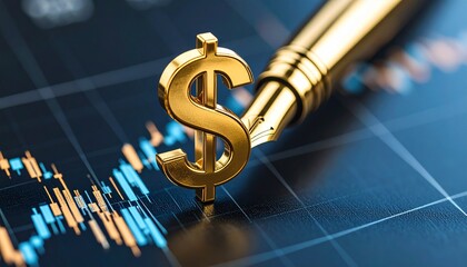 Financial success depicted by a gleaming dollar symbol next to a refined pen, representing careful planning and wealth management against a dynamic stock market backdrop.