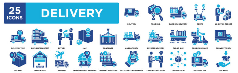 Delivery icon collection set. Containing design package,distribution, delivery schedule, cargo truck, express delivery