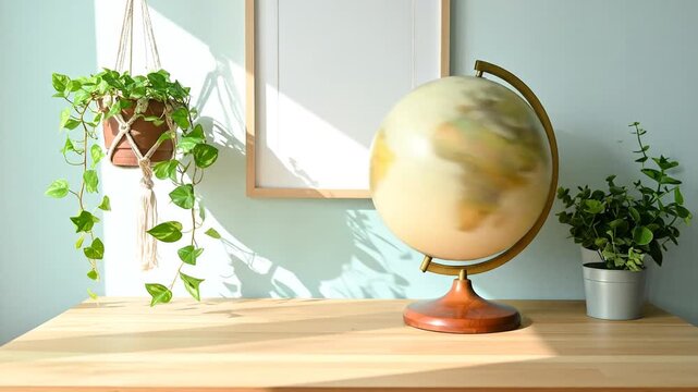 Still Life With A Globe and Potted Plants on Wooden Desk In A Room Lit by Sunlight And Hanging Macrame Planter Against a Light Blue Wall With White Picture Frame