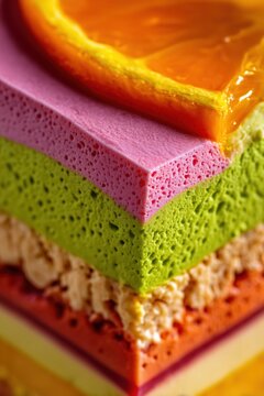 Delicious layers of cakes or pastries with fillings, berries, and fruits. Dessert in cross-section, bright and colorful background, vertical image.