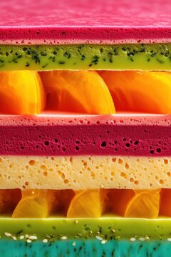 Delicious layers of cakes or pastries with fillings, berries, and fruits. Dessert in cross-section, bright and colorful background, vertical image.