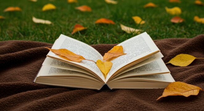 Open book on brown blanket with autumn leaves scattered around and inside. - Powered by Adobe