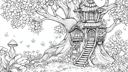 Obraz premium treehouse nestled within magical forest, filled with whimsical details. line art illustration