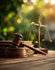 Close-up of a wooden judge's gavel and scales of justice on a table with blurred greenery in the background