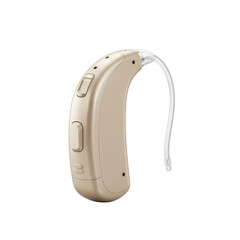A single, sleek, compact modern hearing aid in 3/4 view, with a smooth neutral-toned surface, on a pristine transparent seamless background with no shadows, ultra-realistic product photography,