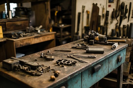 Dusty workbench filled with tools and metal parts in a workshop