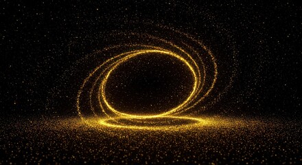 Abstract black hole illustration with golden light swirling around a dark center.