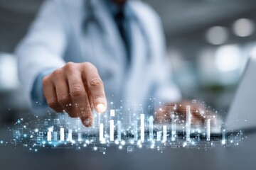 Doctor interacts with digital data visualization on laptop