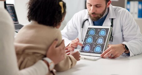 Brain, scan or doctor with child on tablet for consulting, diagnosis or neurology treatment. Healthcare, pediatrician or girl with digital image on screen for head surgery, medical service or results - Powered by Adobe
