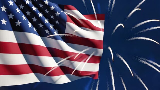american flag on the wind with fireworks
