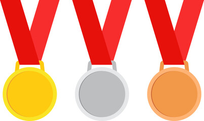 Gold, silver and bronze medal with blank surface and red ribbon. Vector illustration with transparent background.