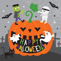 Happy Halloween Pumpkin with Monsters and Ghosts