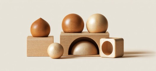 Wooden geometric shapes in light beige tones.  A collection of light-brown and beige wooden spheres, a teardrop-shaped dome, and various blocks.