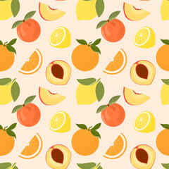 Seamless fruit pattern with oranges, lemons, and peaches. Bright tropical design for fabric, wrapping, wallpaper, and kitchen decor.