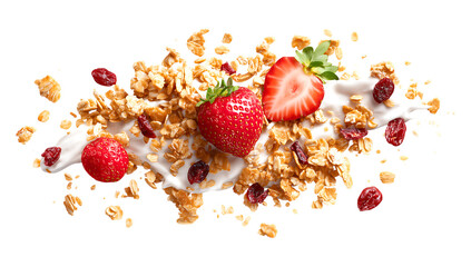 Exploding muesli with strawberry, granola, and cranberry isolated on a transparent background. perfect Healthy fiber breakfast advertisement