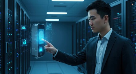 Man in suit interacts with server room equipment blue light illuminates.