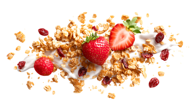 Exploding muesli with strawberry, granola, and cranberry isolated on a transparent background. perfect Healthy fiber breakfast advertisement