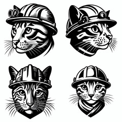 Fototapeta premium Bengal Cat head with engineer helmet. Construction Site Civil Engineering Safety Surveying Clipart Line Art Vector Illustration. Feline hard hat a domestic animal wearing worker gear.
