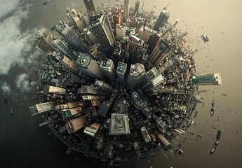 A spherical planet composed of buildings and cities