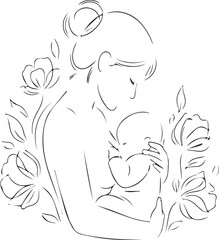 Obraz premium Line art of mother holding baby surrounded by flowers
