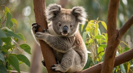Koala clinging to a tree branch surrounded by green leaves in natural light.