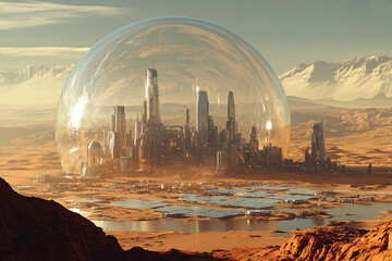 Futuristic Sci Fi City Under Transparent Dome in Alien Desert Environment with Illuminated Skyscrapers Generative AI